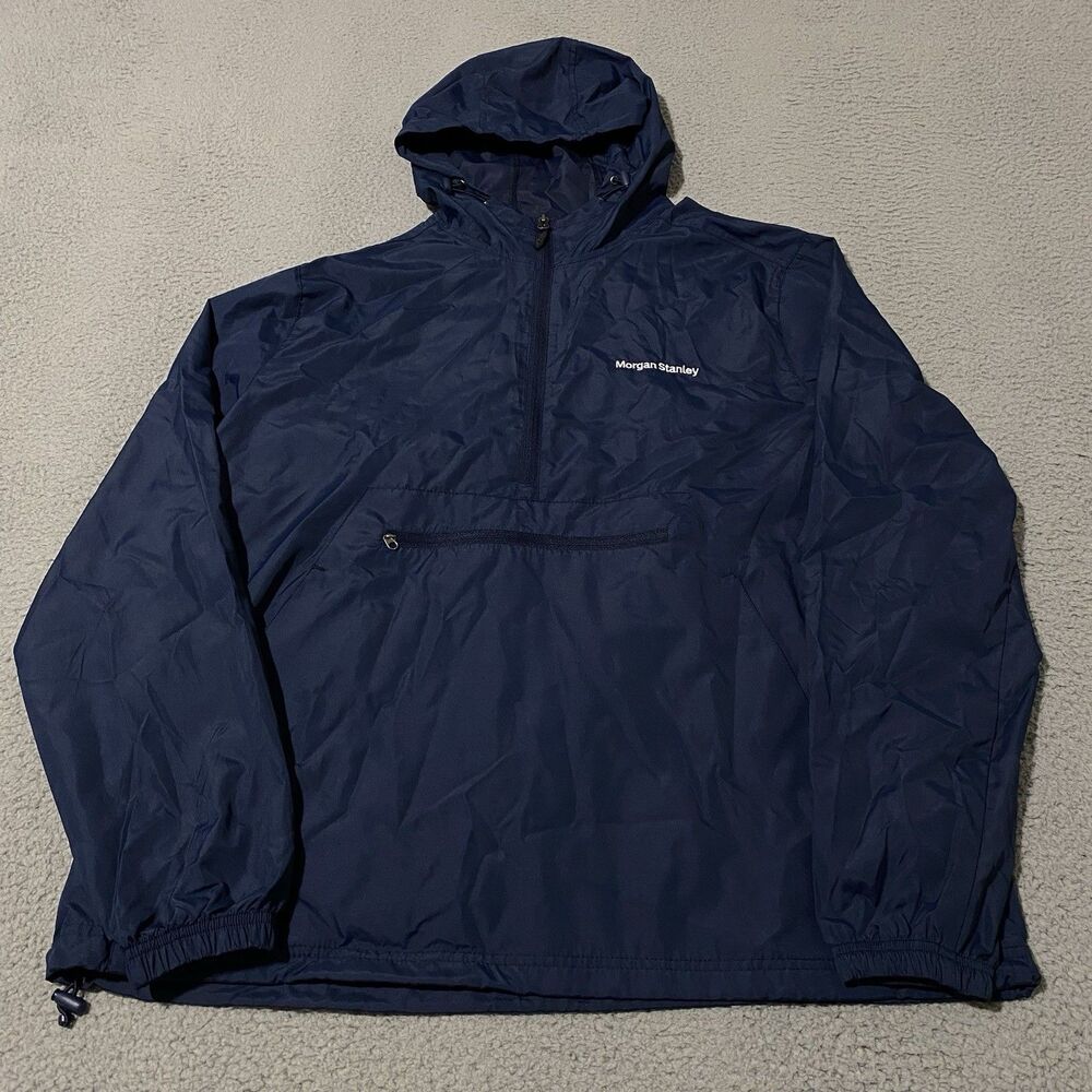 Morgan Stanley Jacket Men Large Blue Windbreaker Pullover Hooded Employee Office